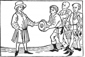 Campesinos entregan el tributo a su señor (Austria, siglo XV). Fuente: Bildarchiv der Österreichischen Nationalbibliothek, Viena, vía Wikimedia Commons.